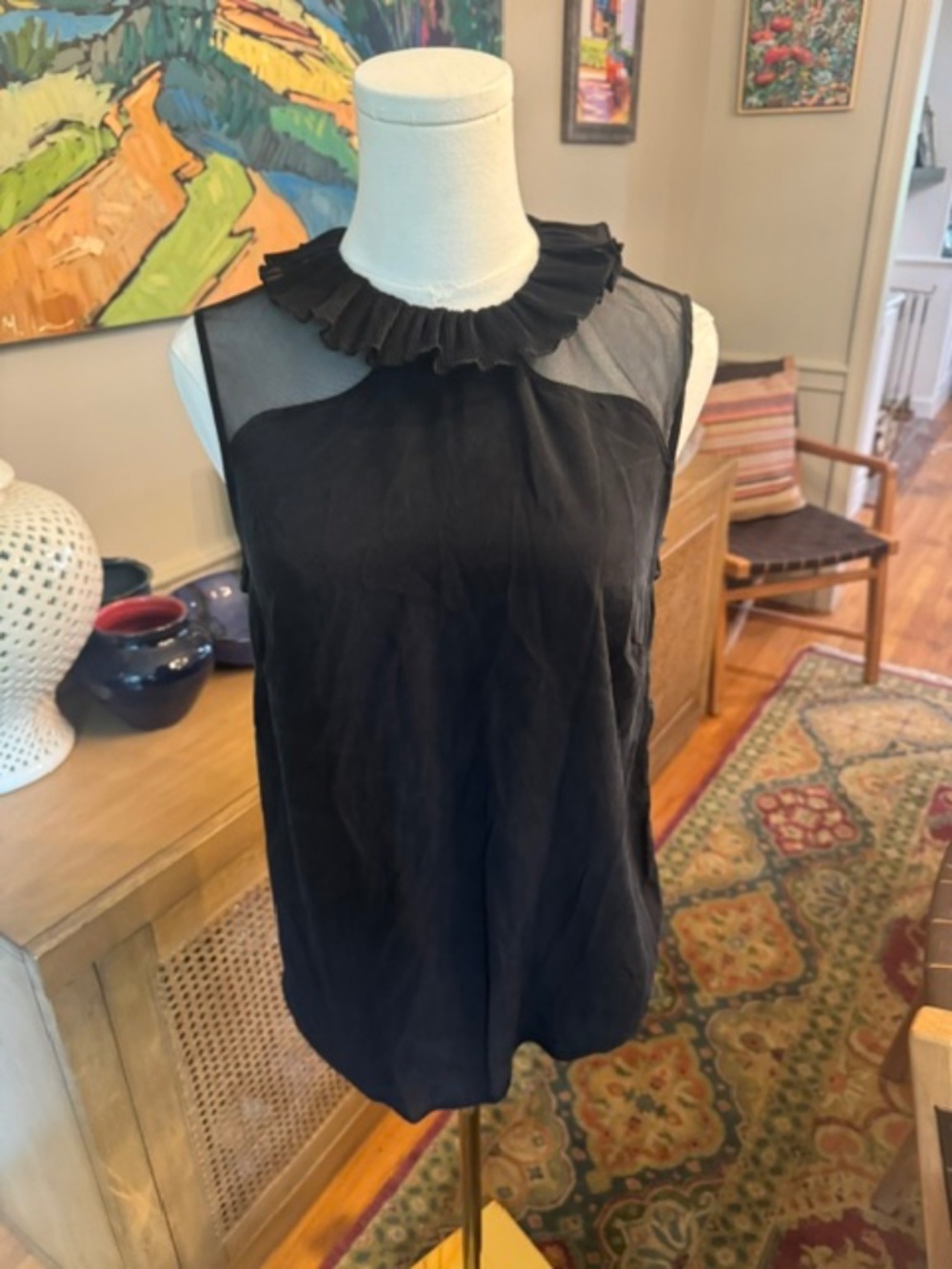 Sandro Paris Black Sheer Mesh Pleated Ruffle Collar Sleeveless Top Size S